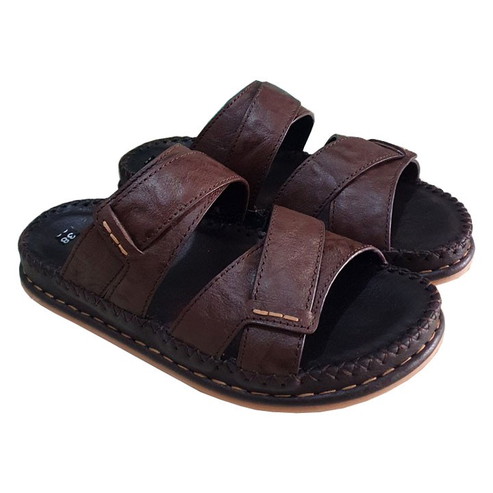 Dép Quai Ngang Nam Da Bò Màu Nâu Đế Cao 3.5cm May Đế Chắc Chắn THQNN261