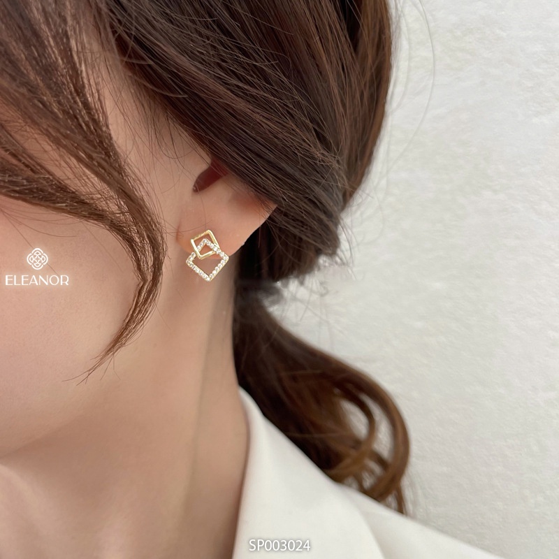 Bông tai nữ chuôi bạc 925 Eleanor Accessories hình vuông đính đá phụ kiện trang sức 3024