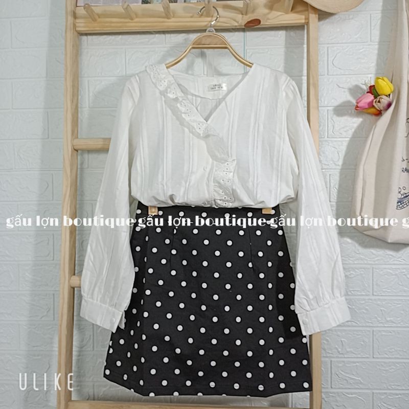 áo sơ mi cổ v bèo lệch vintage ảnh thật