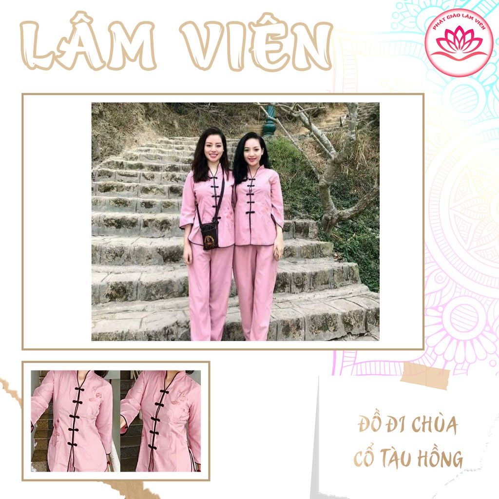 Bộ Quần Áo Đi Chùa, Đồ Lam Đi Chùa:Cổ Tàu Hồng Thêu Viền Đen Chất Vải Kate Mịn Đẹp,Thoáng Mát Mặc Duyên Dáng Trẻ Trung