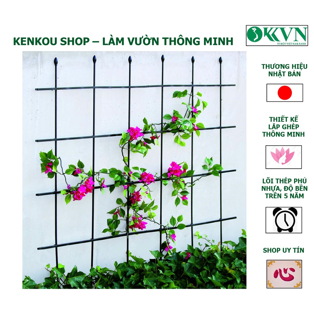 Shop Kenkou_Hàng rào leo hoa W120cm x H120cm daim Nhật bản_Giàn đa năng đàn hồi lõi thép bọc nhựa_hoa hồng, hoa giấy