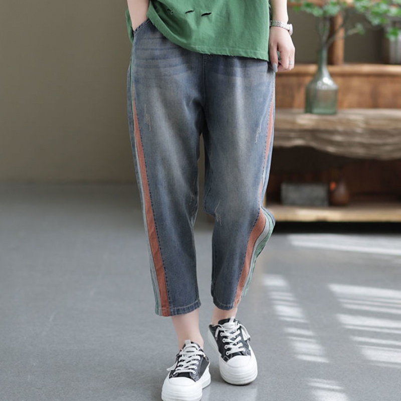 Quần Jean Nữ Ống Rộng Lưng Thun Màu Sắc Tương Phản Phong Cách Retro