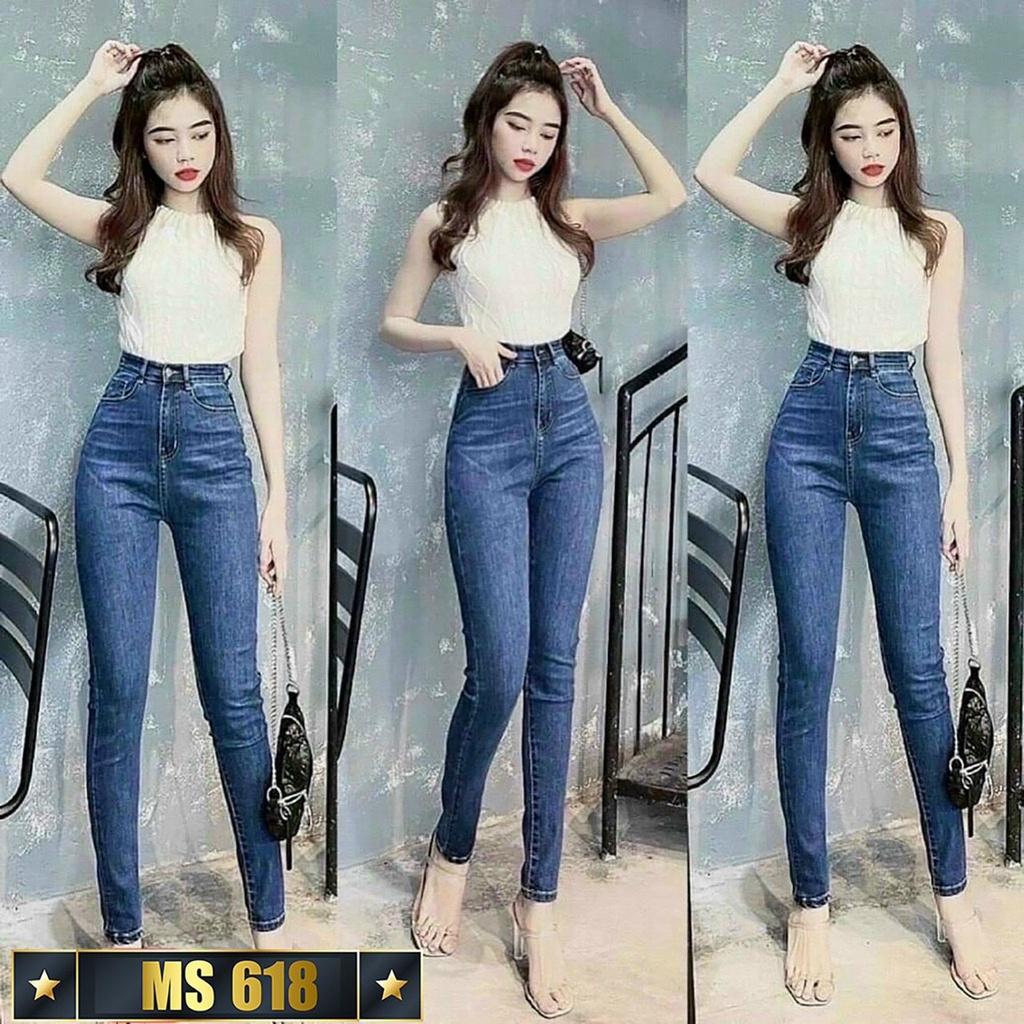 Quần Jean Nữ Lưng Cao, quần jean nữ trơn màu xanh cao cấp Chất jean Co dãn nhẹ vải mềm, không xù thoải mái khi mặc-qn618
