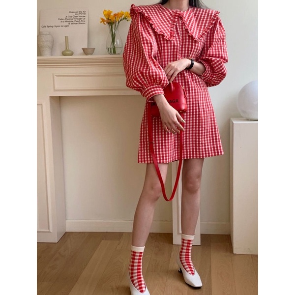 Đầm sơmi tay bồng sọc ca rô xinh xắn phong cách ulzzang SAM SAM BOUTIQUE
