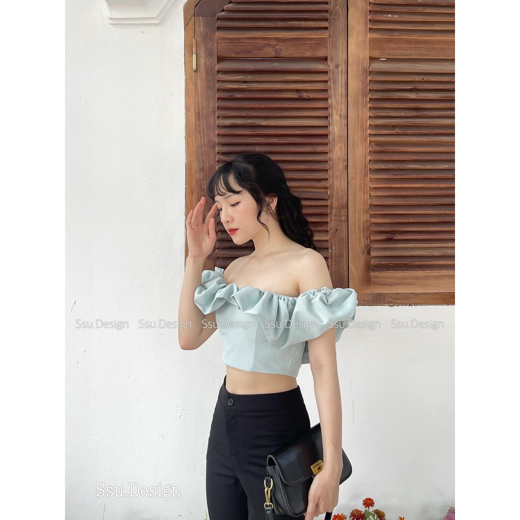 Áo Trễ Vai Tay Bèo Tiểu Thư Áo Croptop Trơn Màu Khóa Kéo Lưng - Ssu