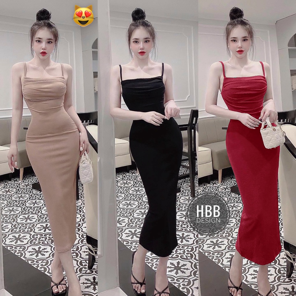 Đầm váy nữ dáng mini dài đi tiệc chất thun xốp 2 dây nhúm xếp ly ngực chất thun xốp