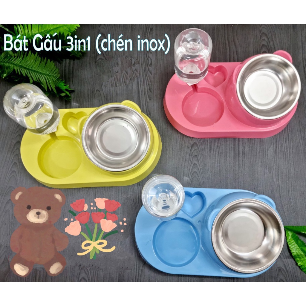 *Hoả tốc* Bát ăn chống gù cho mèo, chó - Bát ăn thú cưng hình gấu cao cấp có bình nước tự động siêu đẹp kích thước lớn