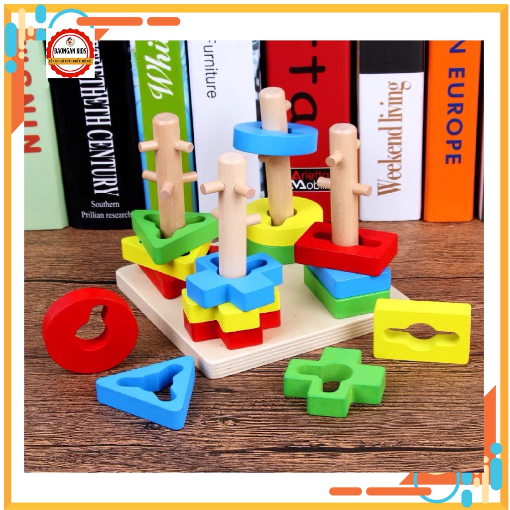 Combo Bộ thả hình khối ZICZAC 4-5 cọc, thả khối vuông giúp bé phát triển tư duy - Đồ chơi gỗ thông minh cho bé