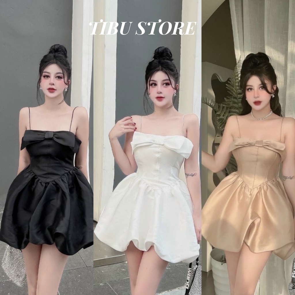 Đầm body hai dây đuôi bí Tibu, váy nữ xoè dáng ôm phối nơ (có mút) dự tiệc, đi chơi siêu xinh