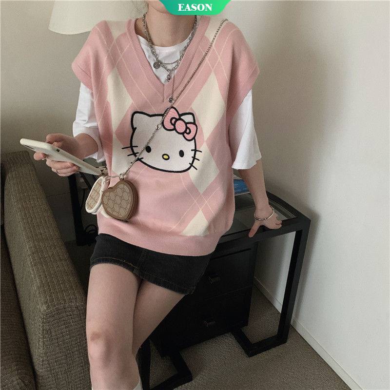 Áo Len Cổ Chữ V Không Tay Dáng Rộng In Hình Hello Kitty Phong Cách Kawaii Thời Trang Thu Đông Cho Nữ Sinh 2021