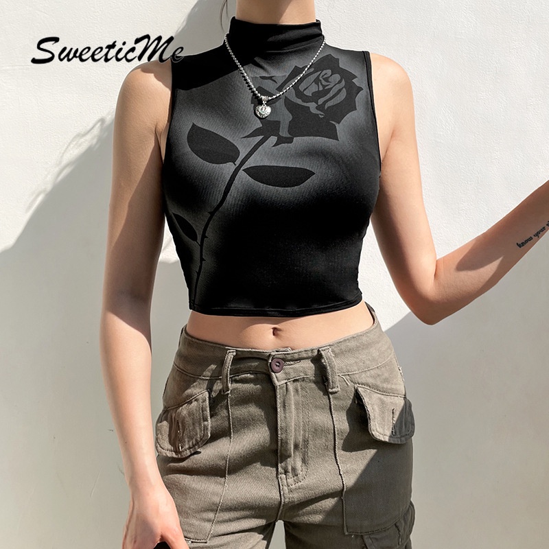 Áo Tank Top Cổ Lọ Họa Tiết Hoa Hồng Thời Trang Hàng Mới Dành Cho Nữ