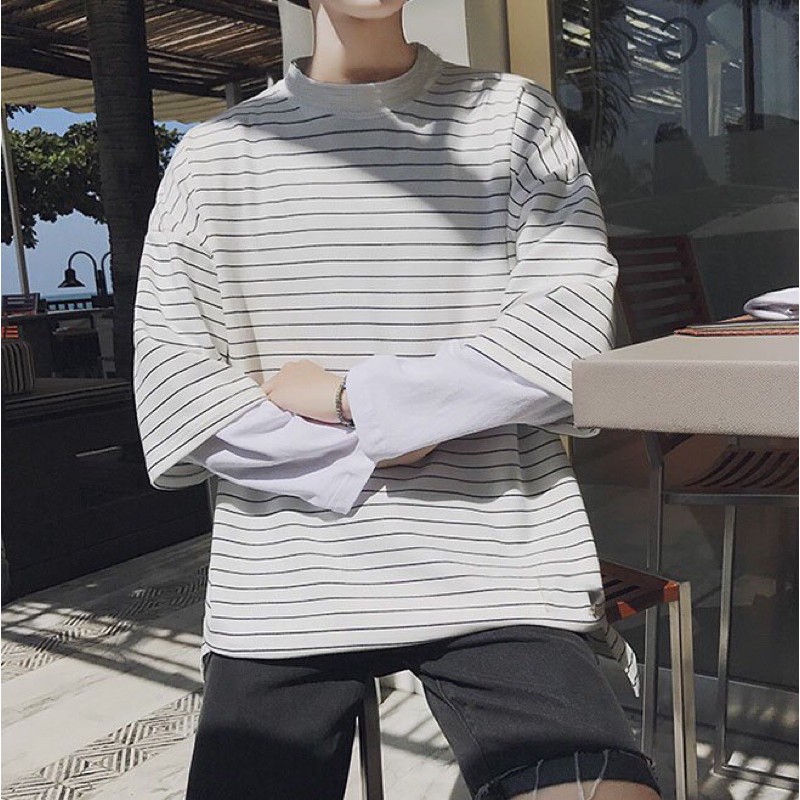 [ Có Ảnh Thật ] áo thun tay dài form rộng unisex - sweater sọc nhí 2 ống tay