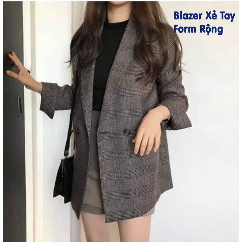 Áo khoác blazer kẻ xẻ tay set đồ nữ form rộng , Áo vest nữ thu đông công sở (Video/ảnh thật/sẵn)