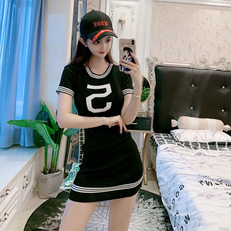 Đầm dệt kim cổ tròn tay ngắn phong cách Hàn Quốc đơn giản sành điệu