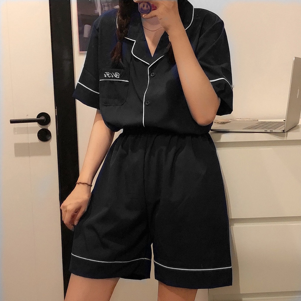 Bộ Đồ Ngủ Tay Ngắn Bằng Cotton Màu Trơn In Chữ Đơn Giản Dành Cho Nam Nữ