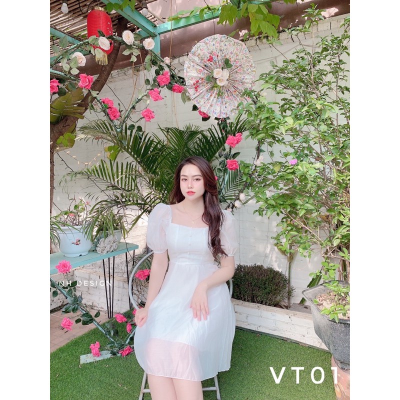 [ VT01 ] VÁY TK CỔ VUÔNG TAY BỒNG KHUY NG