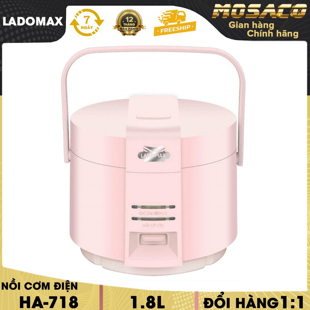 Nồi cơm điện nắp gài Ladomax HA-718 màu hồng 700W bằng hợp kim nhôm tráng men 1.8 Lít -MOSACO
