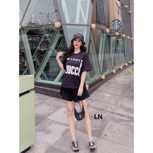 Sét đồ nam nữ Áo thun G.C unisex + quần short đùiChất cotton form thụng tay lỡForm &lt;55kg Bộ mặc nhà