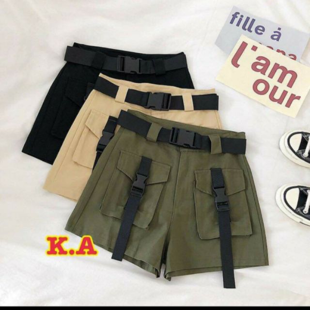 Quần short nữ kaki nữ túi hộp có dây cá tính