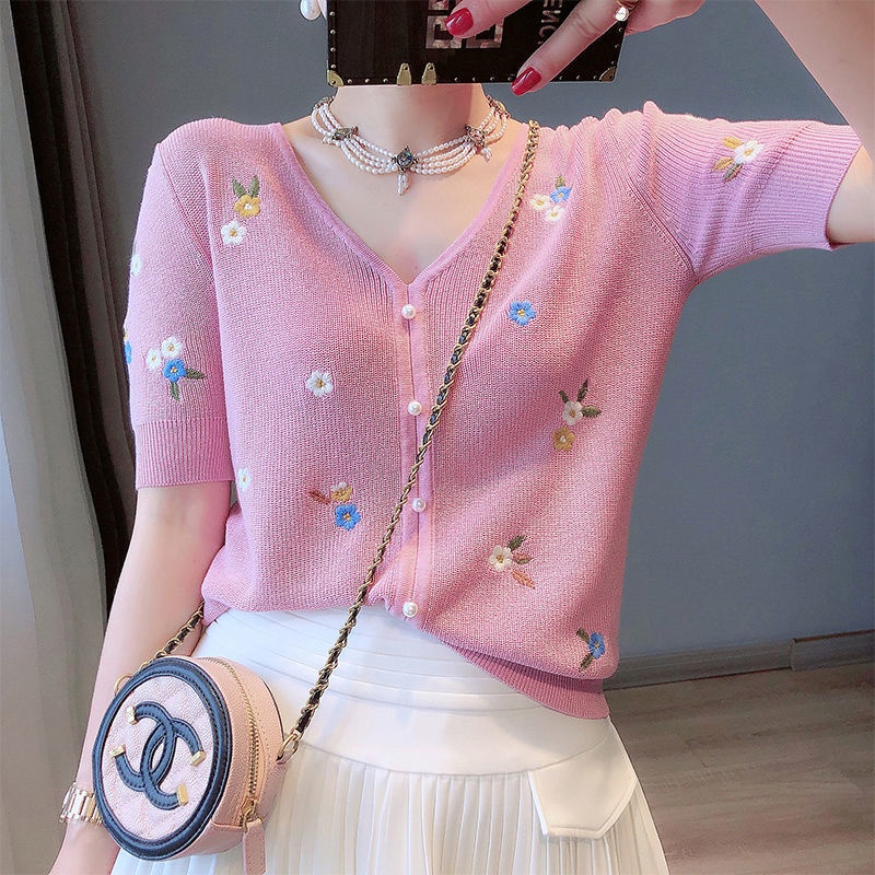 Áo cardigan dệt kim tay ngắn cổ chữ v phong cách Hàn Quốc thời trang mùa hè 2021