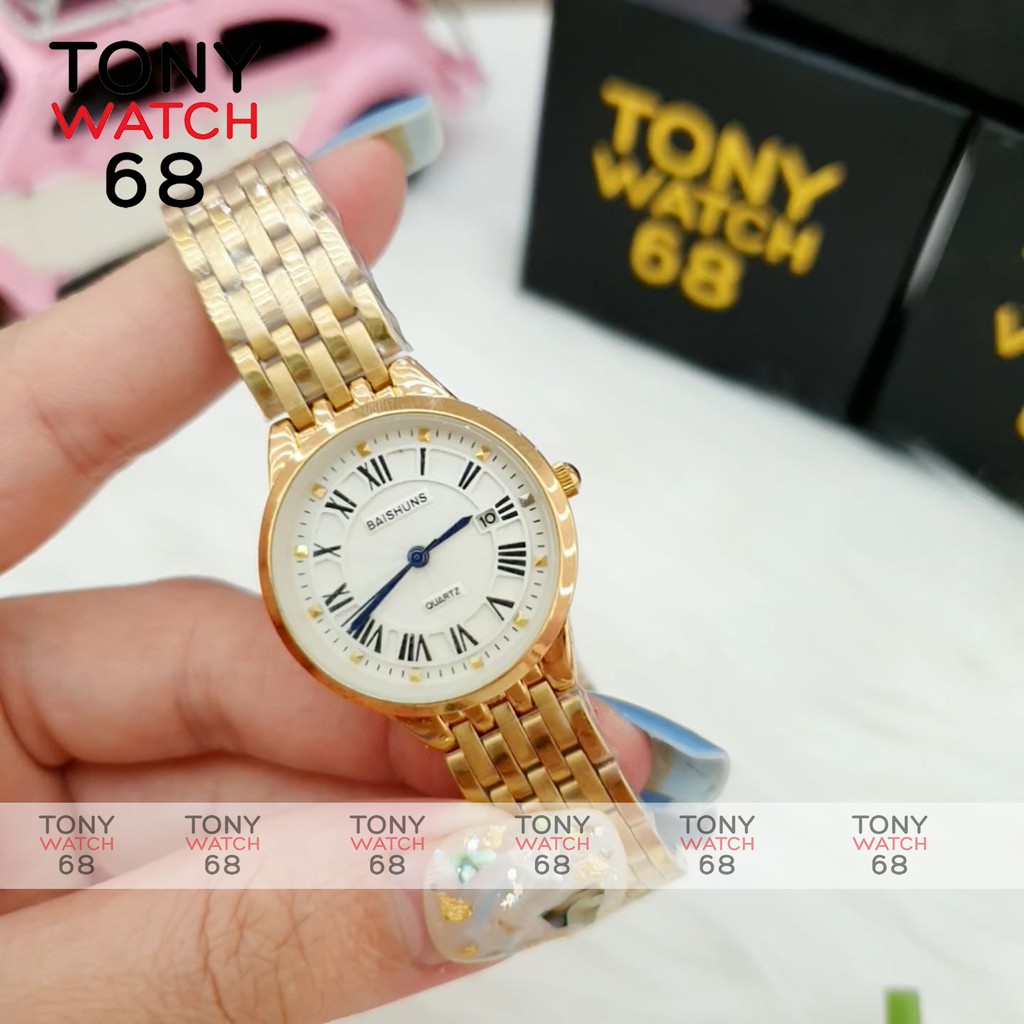 Đồng hồ nữ chính hãng Baishuns đeo tay giá rẻ dây thép đúc đặc mạ vàng chống nước