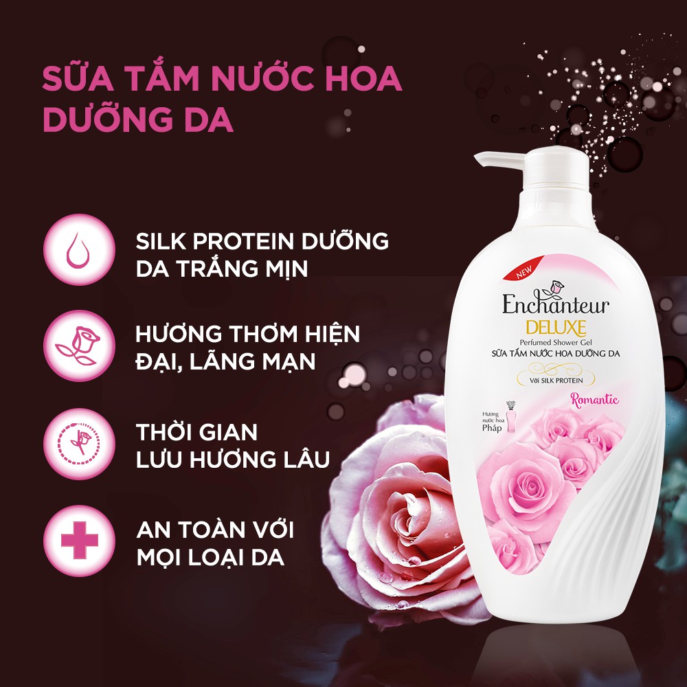 Sữa tắm hương nước hoa dưỡng da thơm mịn Enchanteur Charming/ Sensation/ Delightful/ Romantic/ Magic 650gr (5 mùi)