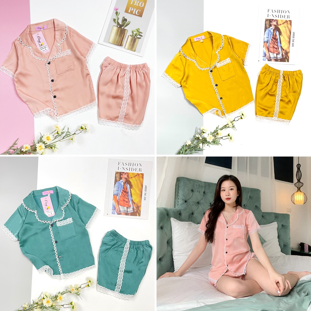 Đồ Mặc Nhà Lụa Satin Cộc Đùi Dâu Cam Trắng Bộ Ngủ Pijama Boody BP03