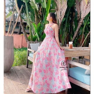HOANGYEN - Đầm maxi voan hoa hồng cổ yếm, chân váy xẻ tà đi biển
