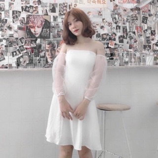 Đầm dự tiệc trễ vai  phối lưới