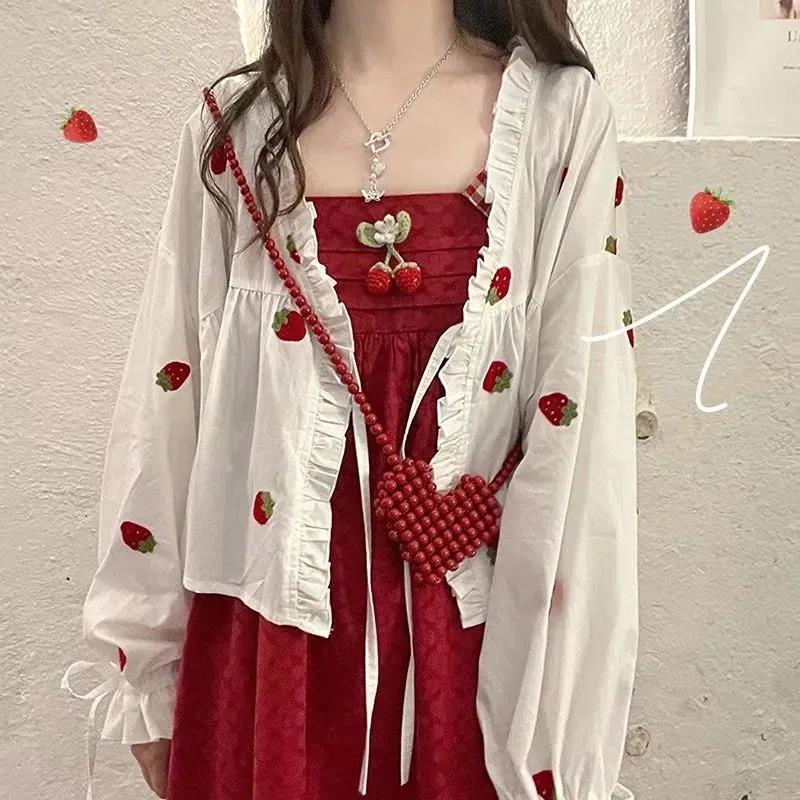 Set Đầm Hai Dây + Áo Choàng Chống Nắng Tay Phồng Đính Nơ Hoạ Tiết Dâu Tây Dễ Thương Xinh Xắn Cho