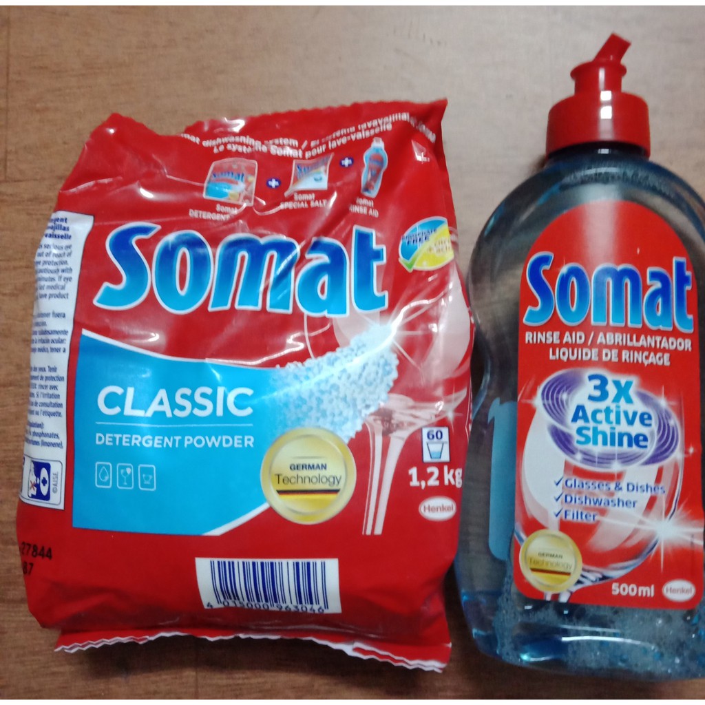 Combo bột rửa bát somat 1,2 kg nuớc làm bóng Somat 500ml và hộp muối somat 1.2 kg