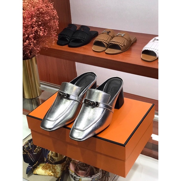 Giày sục gót cao 6cm cao cấp thương hiệu Hermes HM Blossom da thật mẫu mới