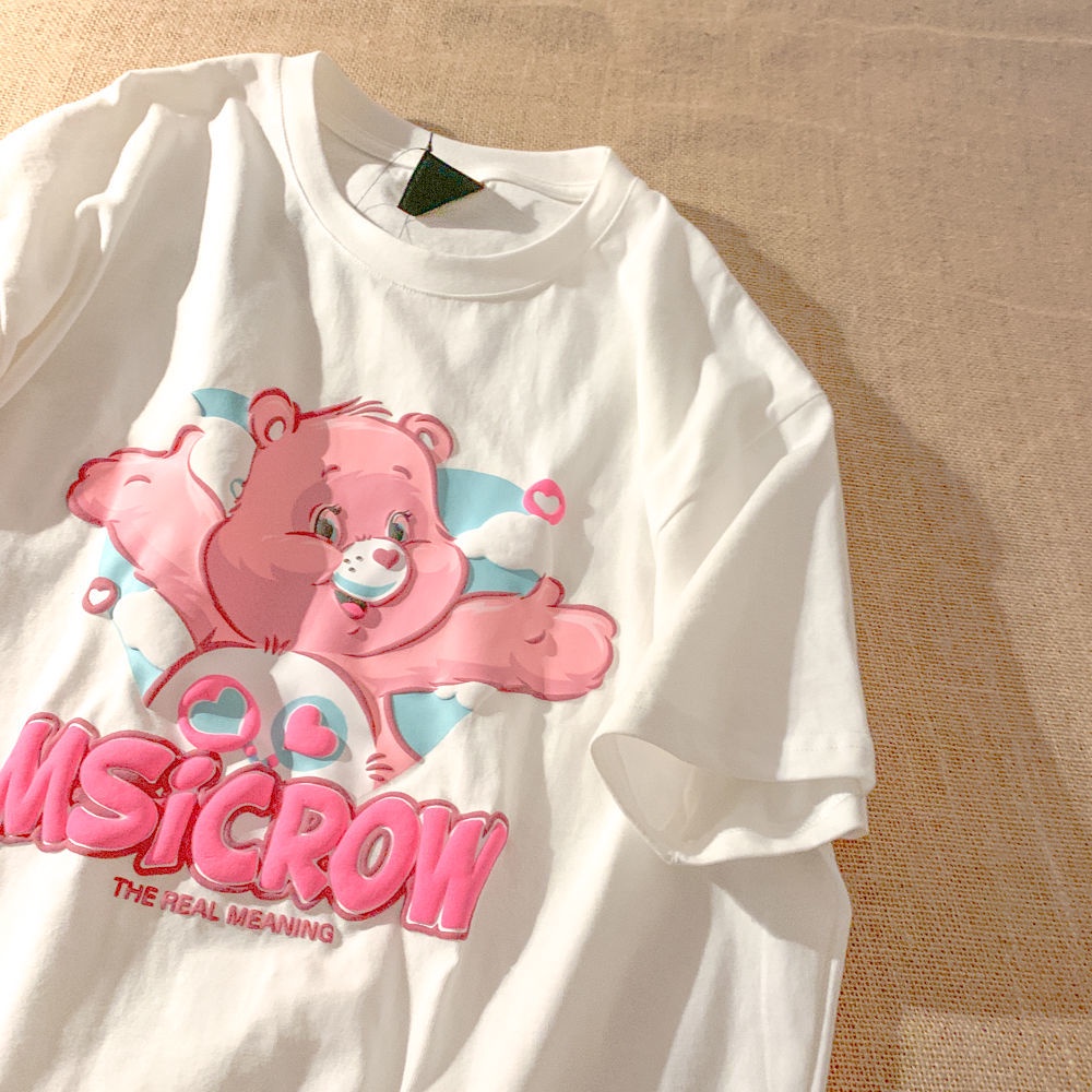 100% cotton Áo Thun Tay Ngắn In Họa Tiết Chú Gấu Happy Bear Thời Trang Mùa Hè Hàn Quốc Cho Nữ 2023