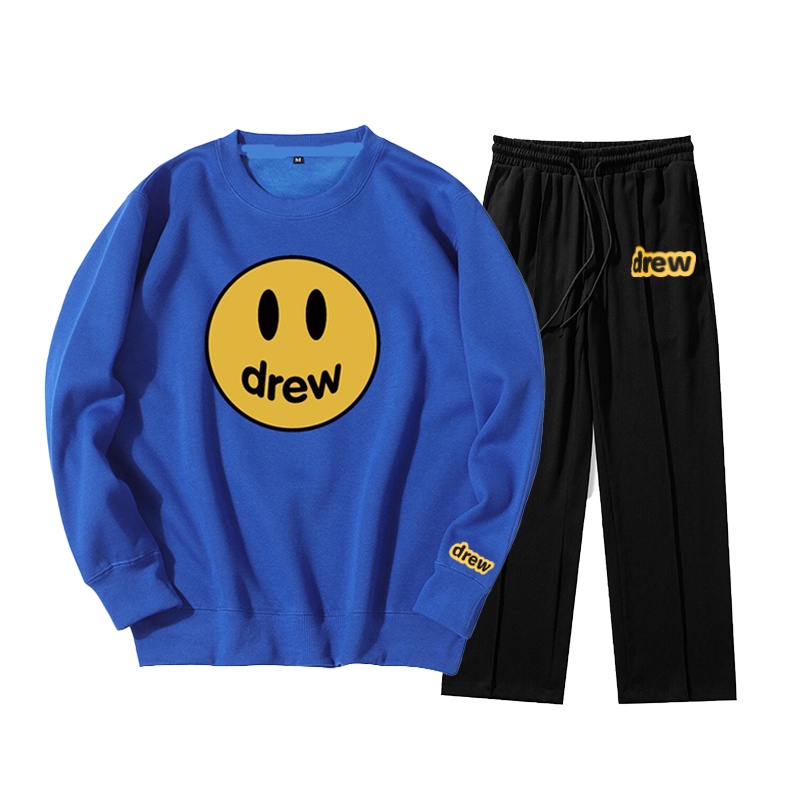 Set áo sweater nỉ bông quần gân drew ống suông basic,  phong cách unisex dễ mặc dễ mix big size 3XL-5XL