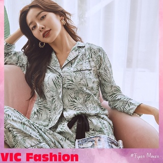Vic 206 - Bộ đồ Pijama cao cấp - họa tiết lá xanh - bộ ngủ nữ dài tay chất liệu lụa