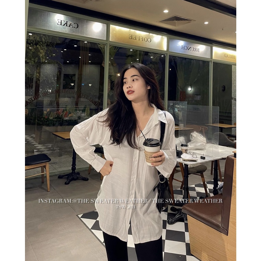 Set áo sơ mi linen trắng oversize kèm quần legging dáng lửng