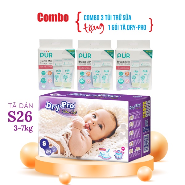 Combo 3 hộp Túi trữ sữa Pur (50 túi/hộp) + tặng 1 gói tã bỉm cho bé