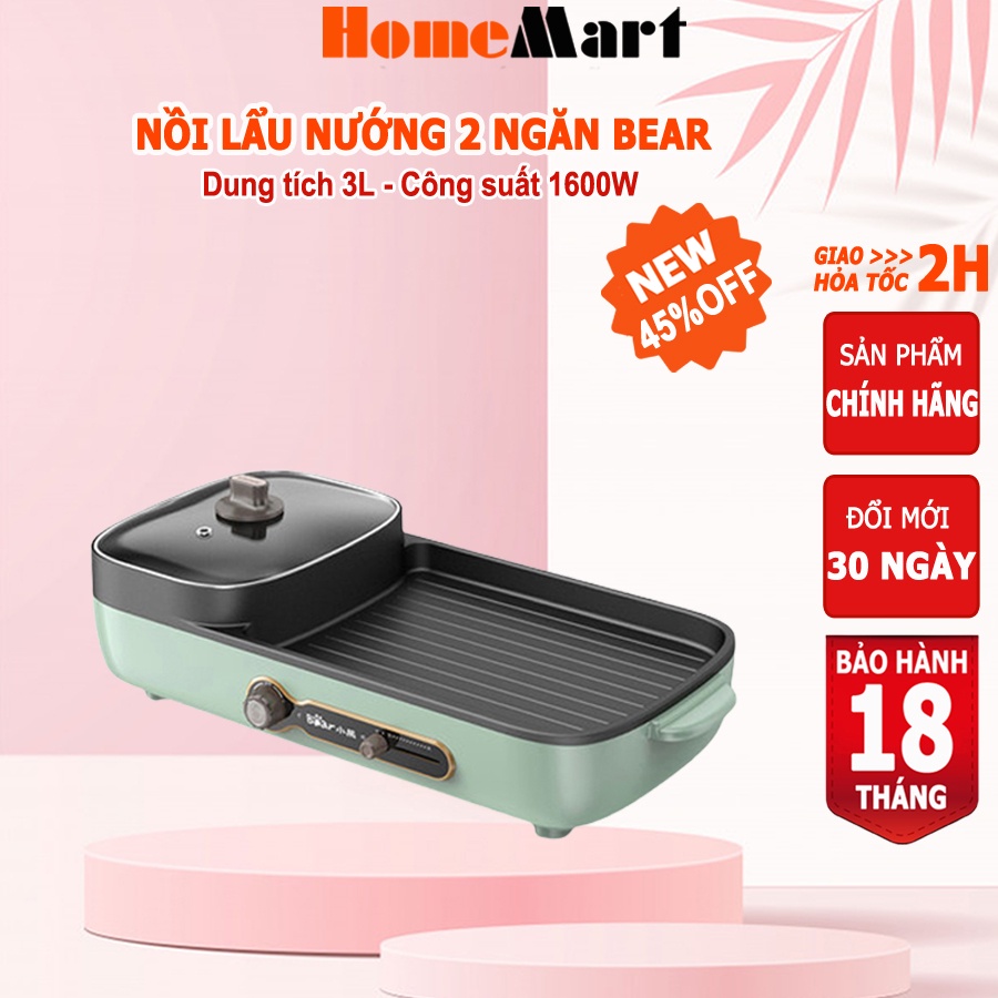 Nồi lẩu nướng 2 ngăn Bear, bếp lẩu nướng 2 in 1, dung tích 3L 1600W phủ chống dính cao cấp – Hàng chính hãng BH 18 tháng