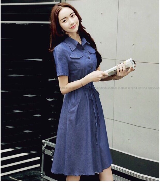 Đầm jean xoè eo dây rút