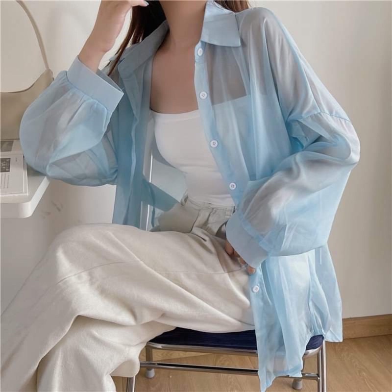 Sơ mi nữ dài tay mỏng khoác ngoài đi biển đi chơi trong suốt. Áo cổ đức chất voan mỏng khoác nữ trong suốt nhiều màu.h