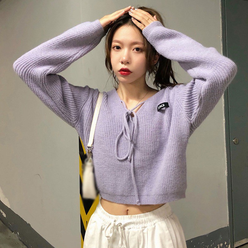 Áo Len Sweater Dệt Kim Cổ Tim Thắt Dây Xinh Xắn Dành Cho Nữ