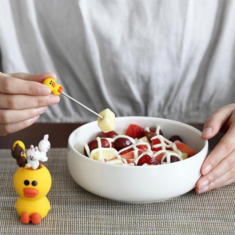 Ống đựng và 6 nĩa trái cây silicon inox hoạt hình dễ thương sáng tạo Hàn Quốc
