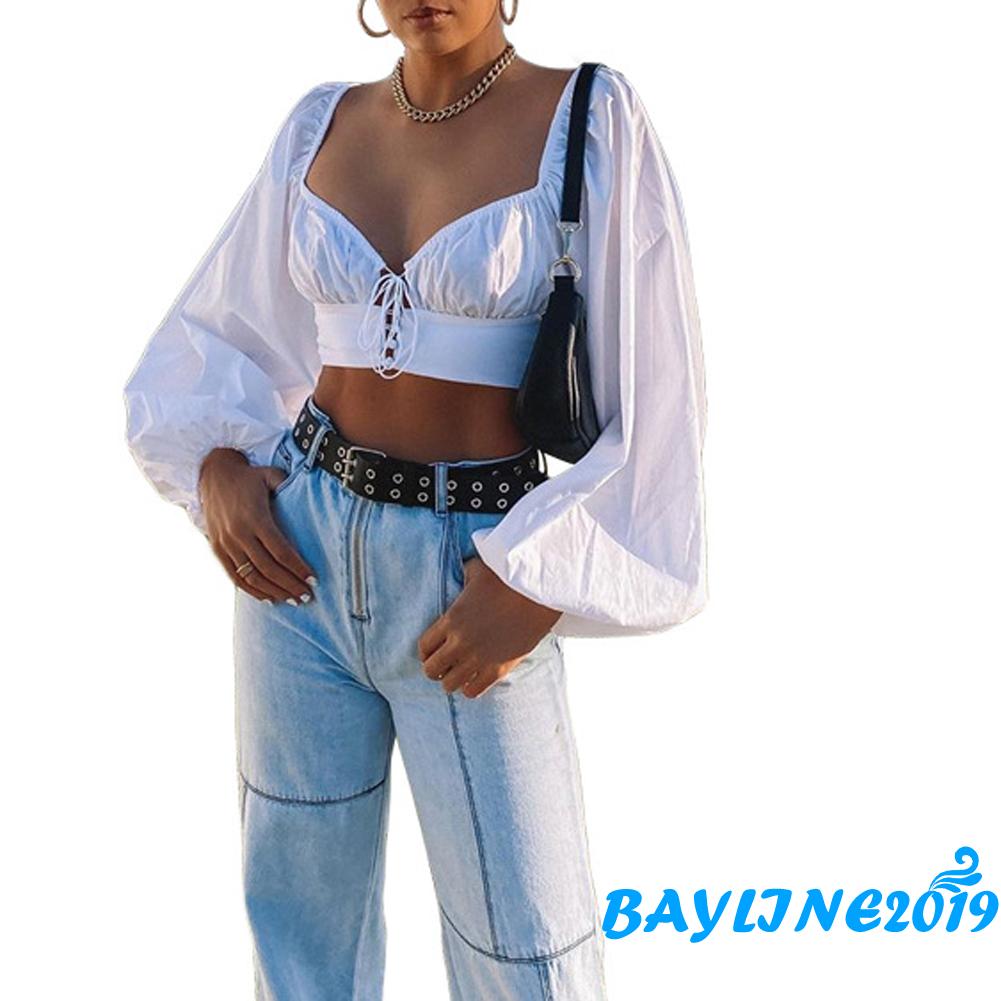 Áo croptop tay dài cổ vuông thời trang cho nữ