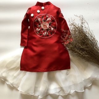 Combo áo dài thêu hoa đỏ, vàng
