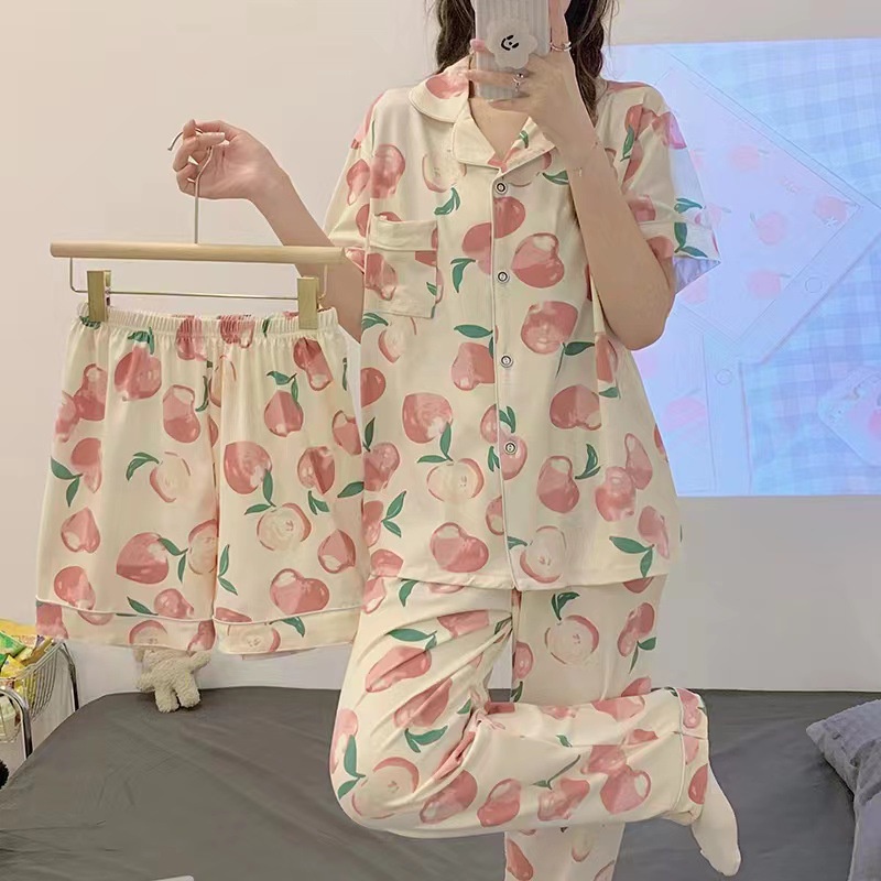 Bộ Đồ Ngủ Nữ Pijama 3 Món Hè Thu Cotton Cộc Tay Quần Đùi + Quần Dài Đẹp 2022