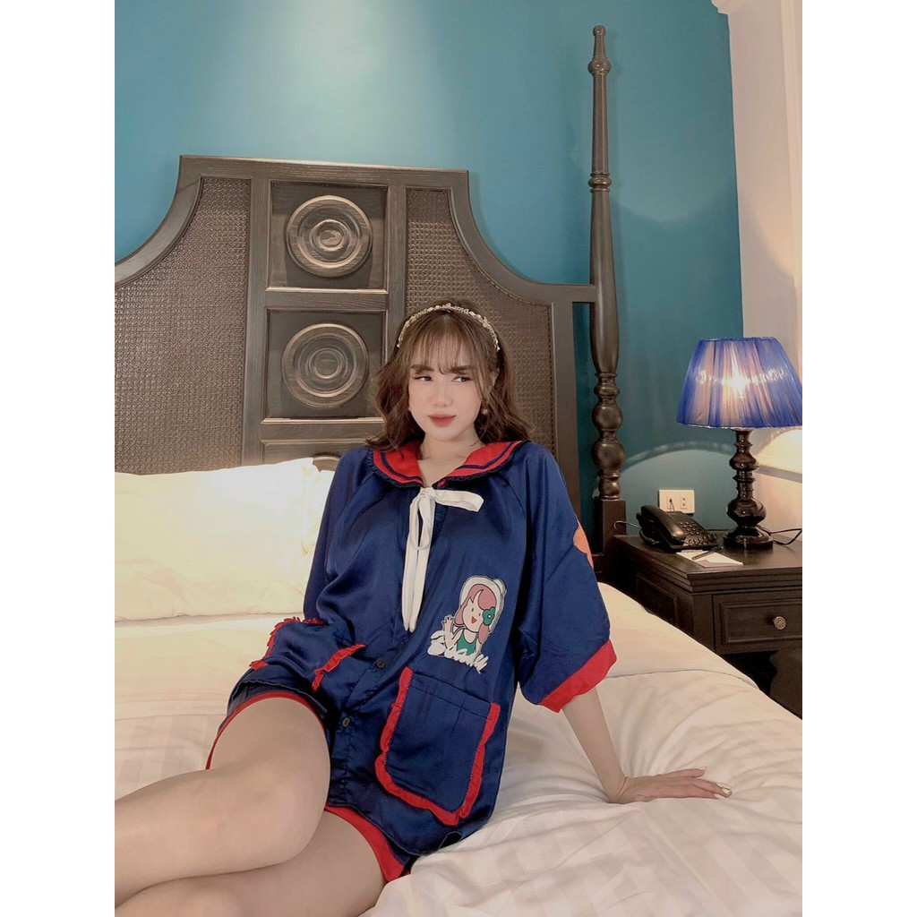 Đồ ngủ Vic's tay ngắn quần cộc lụa satin - Bộ đồ mặc nhà kiểu pijama hoạt tiết sang trọng L201