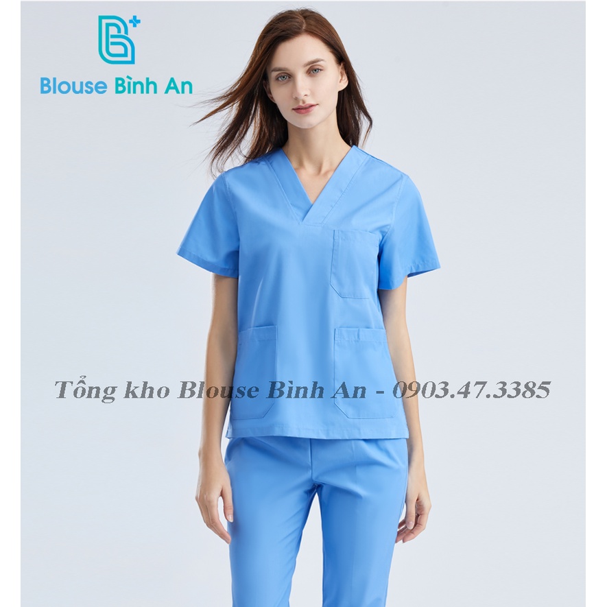 Đồng phục Y Tế, Spa màu Xanh Biển cho bác sĩ, y tá, điều dưỡng, thẩm mỹ viện, Dược Sĩ Vải Thường - Blouse Bình An
