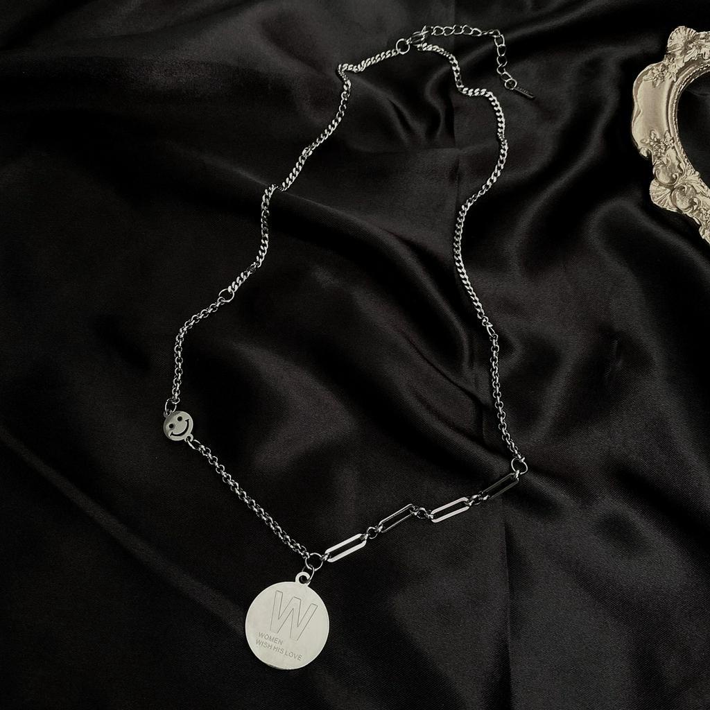 Dây Chuyền Thép Titan Mặt Tròn Khắc Chữ W 23583 Phong Cách Hip Hop Đơn Giản Thời Trang Cho Nam Và Nữ