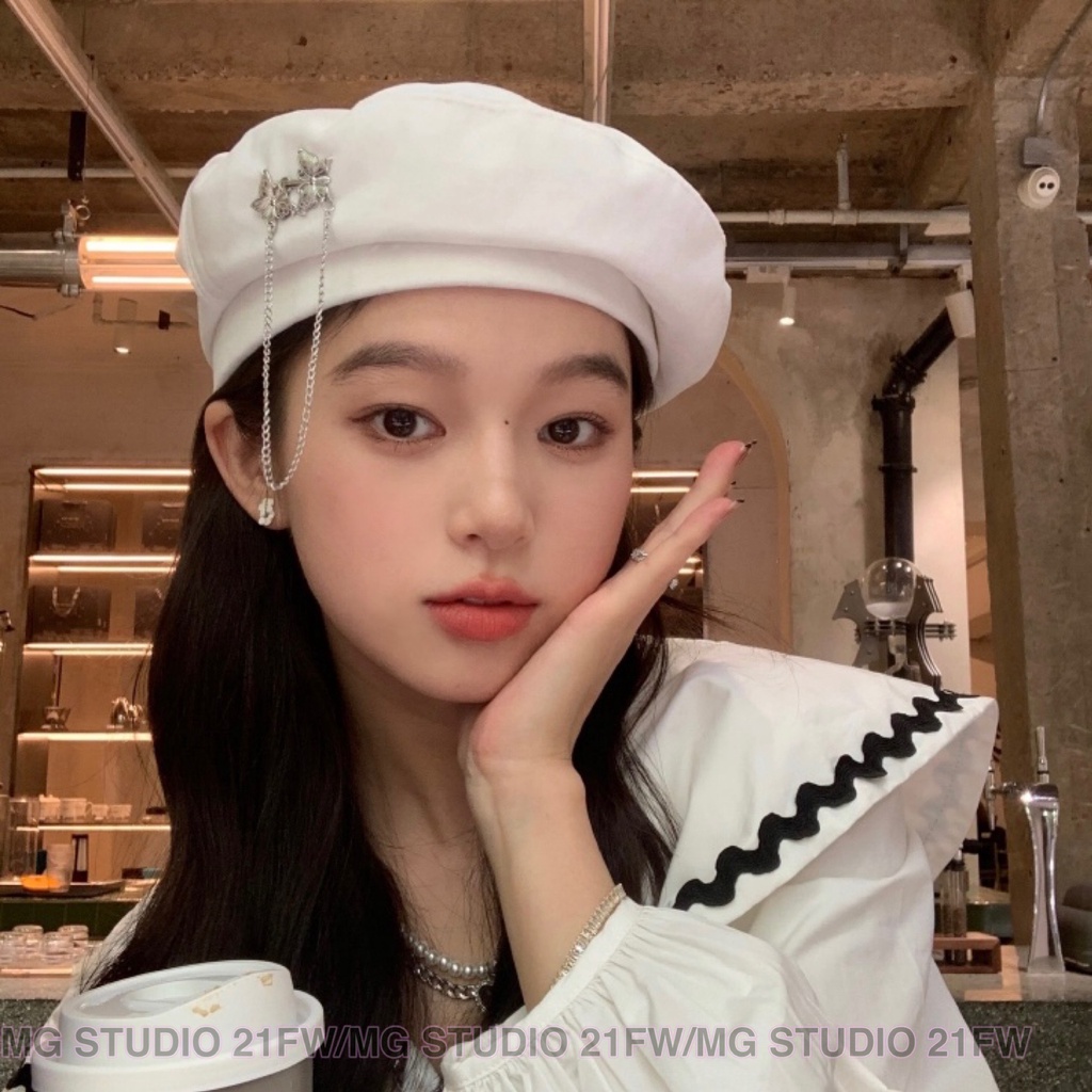 Mũ beret MG STUDIO trang trí nút hình bướm bạc 3 màu sắc tuỳ chọn