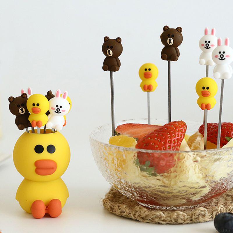 Ống đựng và 6 nĩa trái cây silicon inox hoạt hình dễ thương sáng tạo Hàn Quốc
